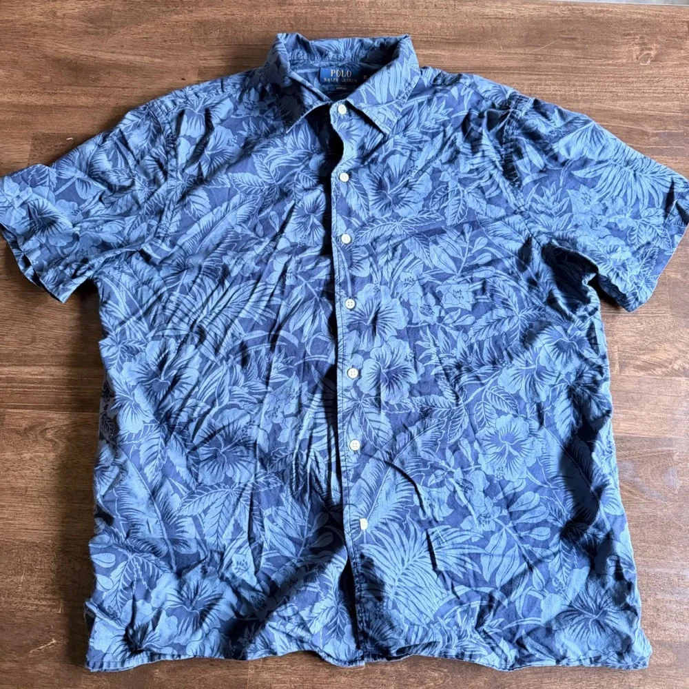 Polo Ralph Lauren Mens XL Slim Fit Tropical Floral Hibiscus Blue Button Up Shirt